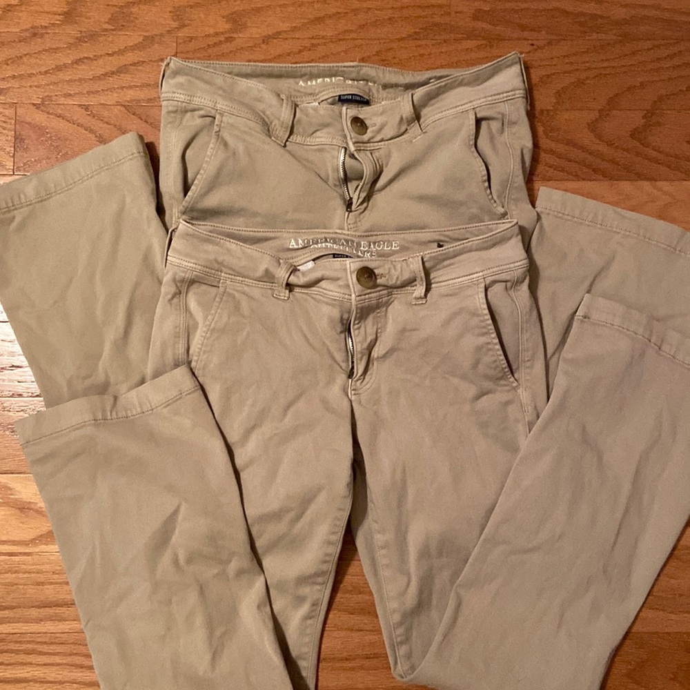 2 pair of American Eagle Kick Boot Super stretch kacki pants